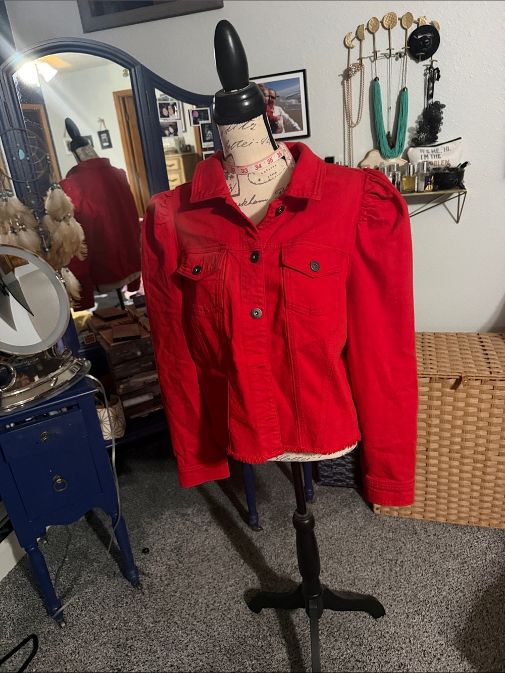 Red Puff-Sleeve Denim Jacket